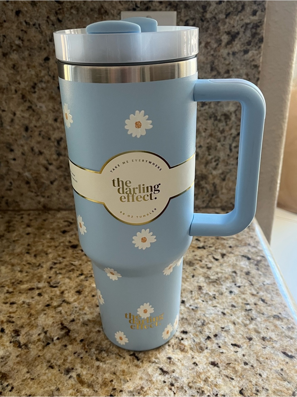 The Darling Effect Light Blue Floral Travel Tumbler with Handle 40 Oz.